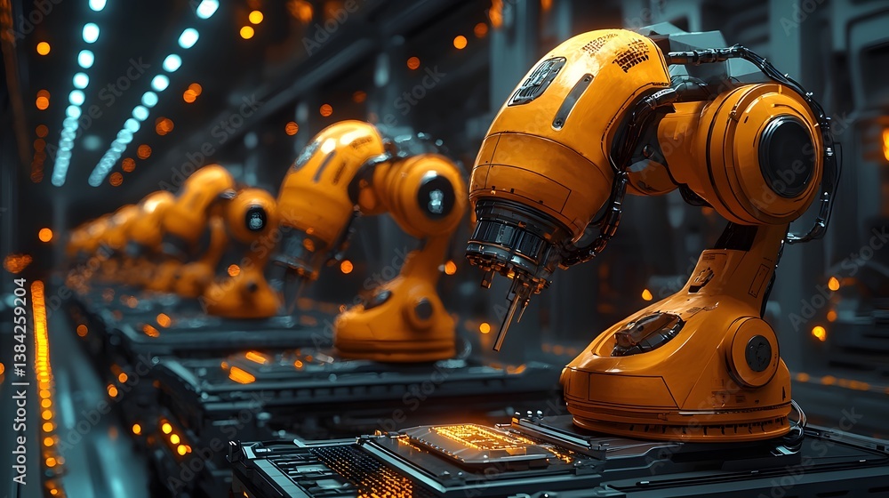 Fototapeta premium Industrial Robotic Arm in Futuristic Automated Manufacturing Facility