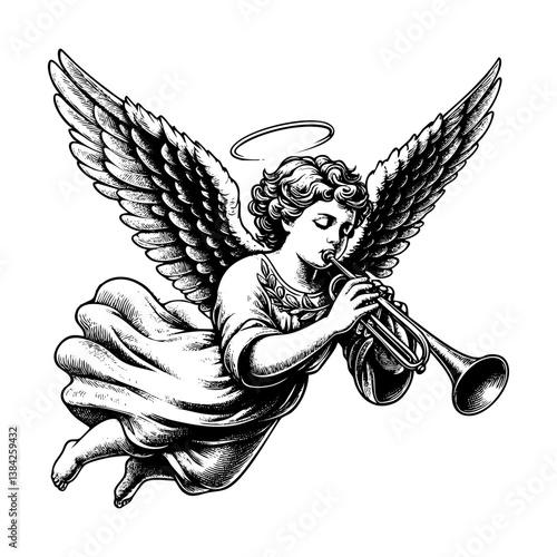 Angel flying playing trumpet sketch engraving black and white outline. Scratch board imitation.  illustrated in vintage line art style on a white background.
