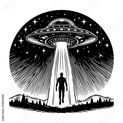 UFO kidnap human sketch engraving black and white outline. Scratch board imitation.