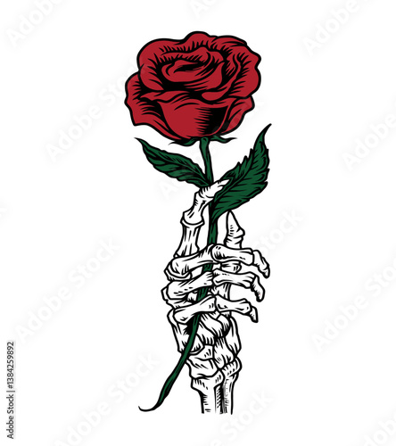 Symbolic Embrace: A meticulously rendered illustration of a skeleton hand delicately presenting a vibrant red rose, capturing the intricate balance of life, death, and the enduring beauty of nature.