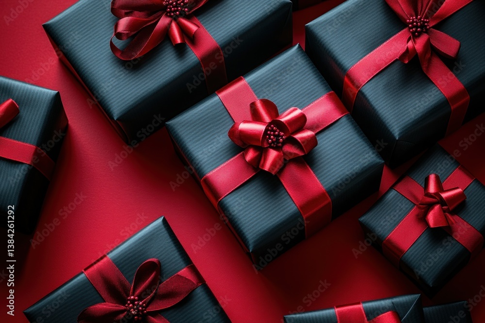 Black gift boxes with red ribbon on red background modern minimal design sale event flat lay top view Black gift boxes with red ribbon on red background modern minimal design sale event flat lay top view