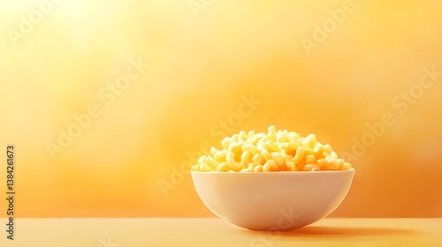 A savory National Macaroni and Cheese Day background featuring a bowl of cheesy macaroni, against a warm yellow and orange gradient, macro shot