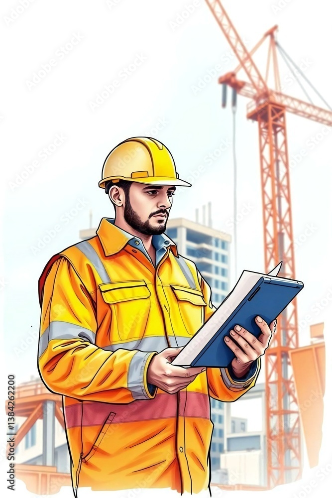 A color sketchnote style hand-drawn sketch of construction worker reviewing building plans on a tablet A color sketchnote style hand-drawn sketch of construction worker reviewing building plans on a tablet