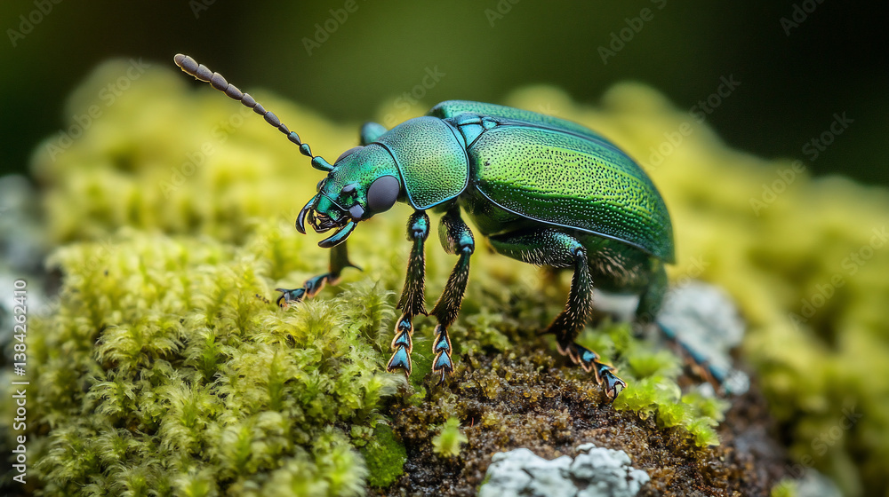 Naklejka premium Vibrant emerald beetle on moss