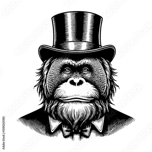 Orangutan wear top hat sketch engraving black and white outline. Scratch board imitation.  illustrated in vintage line art style on a white background.
