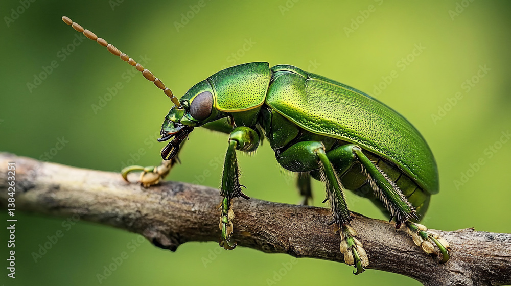 Fototapeta premium Vibrant green beetle on branch