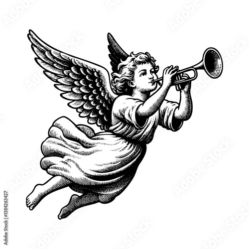 Angel flying playing trumpet sketch engraving black and white outline. Scratch board imitation.  illustrated in vintage line art style on a white background.
