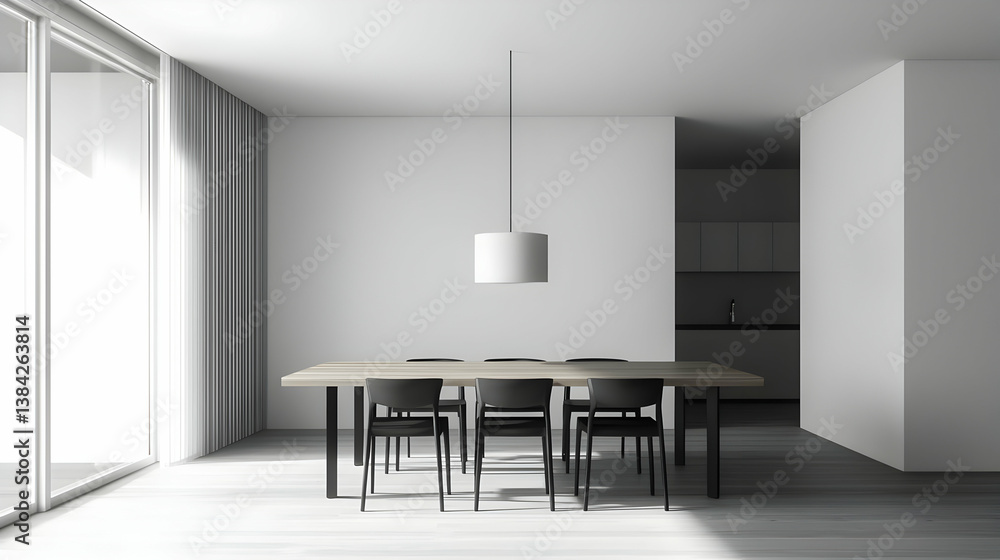 Fototapeta premium Modern Minimalist Dining Room With Large Window And Wooden Table