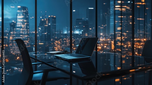 Modern office with city view at night