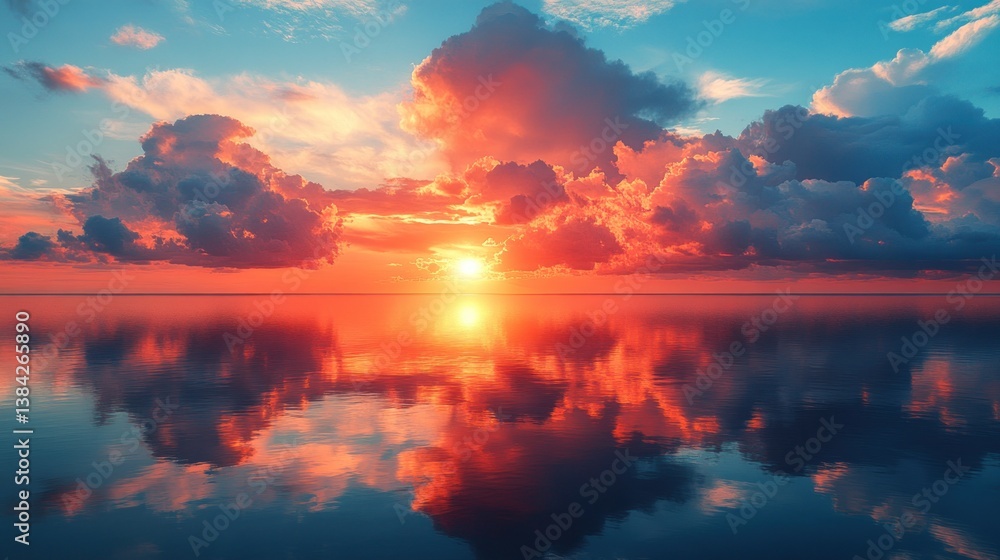 Vibrant sunset over calm ocean, reflecting fiery colors in tranquil waters Vibrant sunset over calm ocean, reflecting fiery colors in tranquil waters