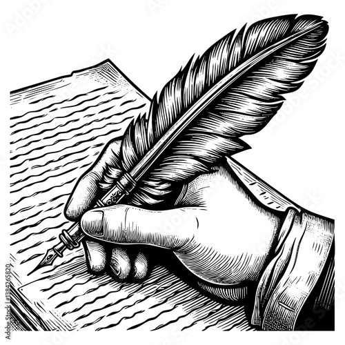 quill pen and scroll next to an inkwell sketch engraving black and white outline. Scratch board imitation.  illustrated in vintage line art style on a white background.
