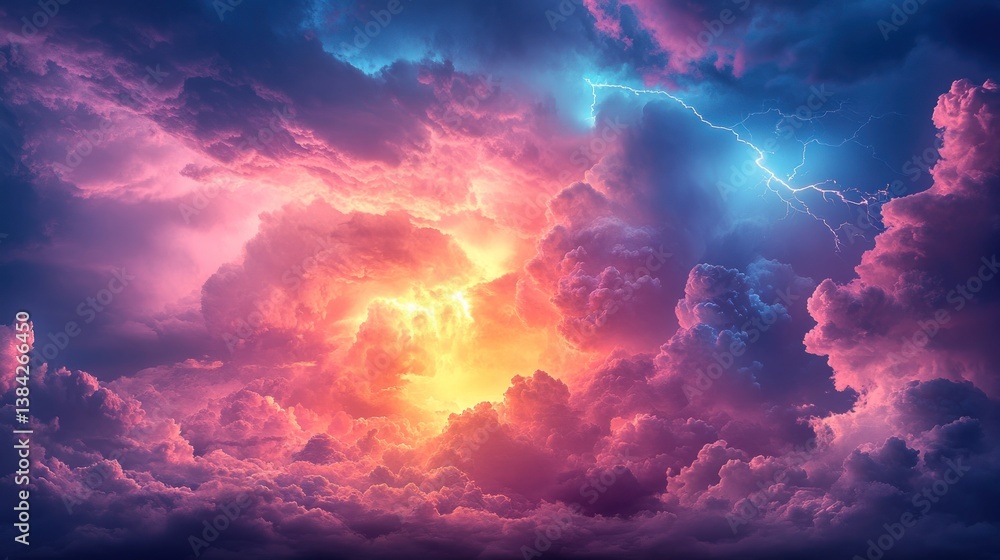 Vibrant, swirling storm clouds illuminated by intense lightning bolts Vibrant, swirling storm clouds illuminated by intense lightning bolts