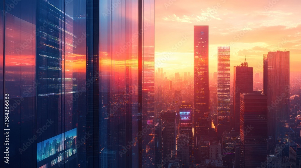 Fototapeta premium Modern city skyline at sunset viewed from a skyscraper with server room windows.