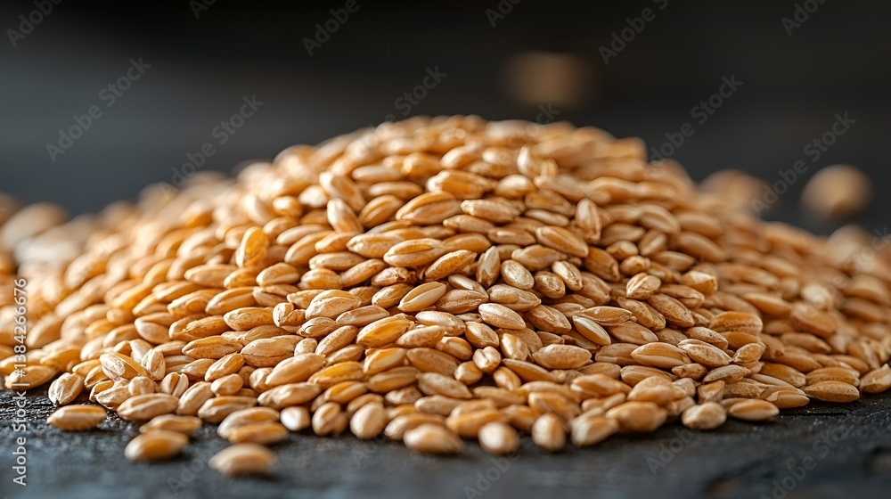 Obraz premium Close-up of a pile of golden wheat grains on a dark surface.