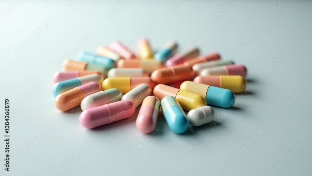 A collection of colorful medicine capsules arranged in a circular pattern on a smooth, neutral gray background A collection of colorful medicine capsules arranged in a circular pattern on a smooth, neutral gray background