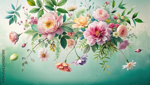 A Delicate Arrangement of Pastel Blossoms and Lush Greenery, Cascading Gracefully Against a Soft Teal Background