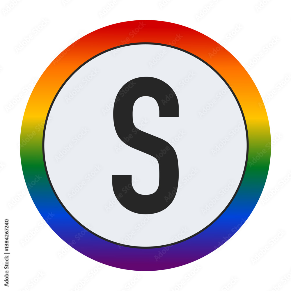 Bold Black Capital Letter S Inside a White Circle with a Vibrant Rainbow Gradient Border Representing LGBTQ Pride and Inclusivity Bold Black Capital Letter S Inside a White Circle with a Vibrant Rainbow Gradient Border Representing LGBTQ Pride and Inclusivity