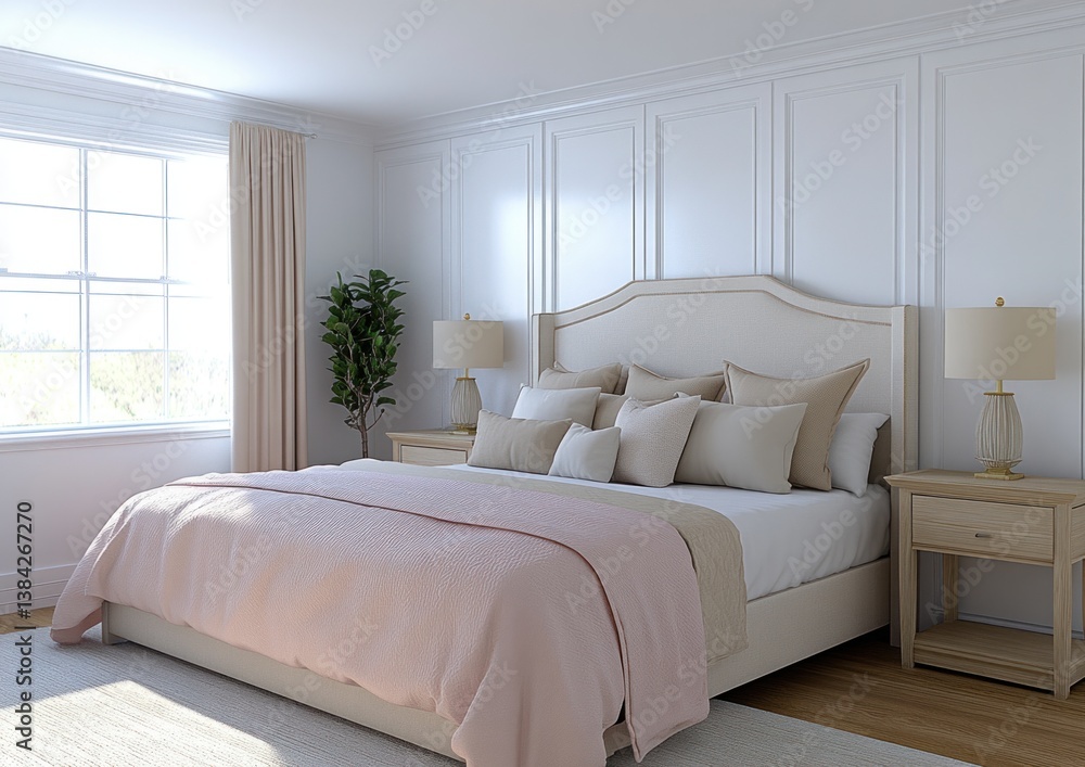Sunlit bedroom with large bed, neutral tones, and wooden nightstand. Sunlit bedroom with large bed, neutral tones, and wooden nightstand.