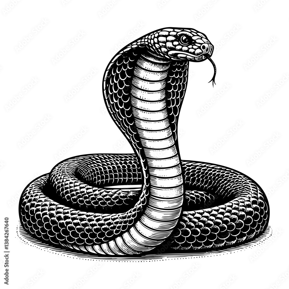 Fototapeta premium Cobra snake engraving black and white outline. Scratch board imitation.