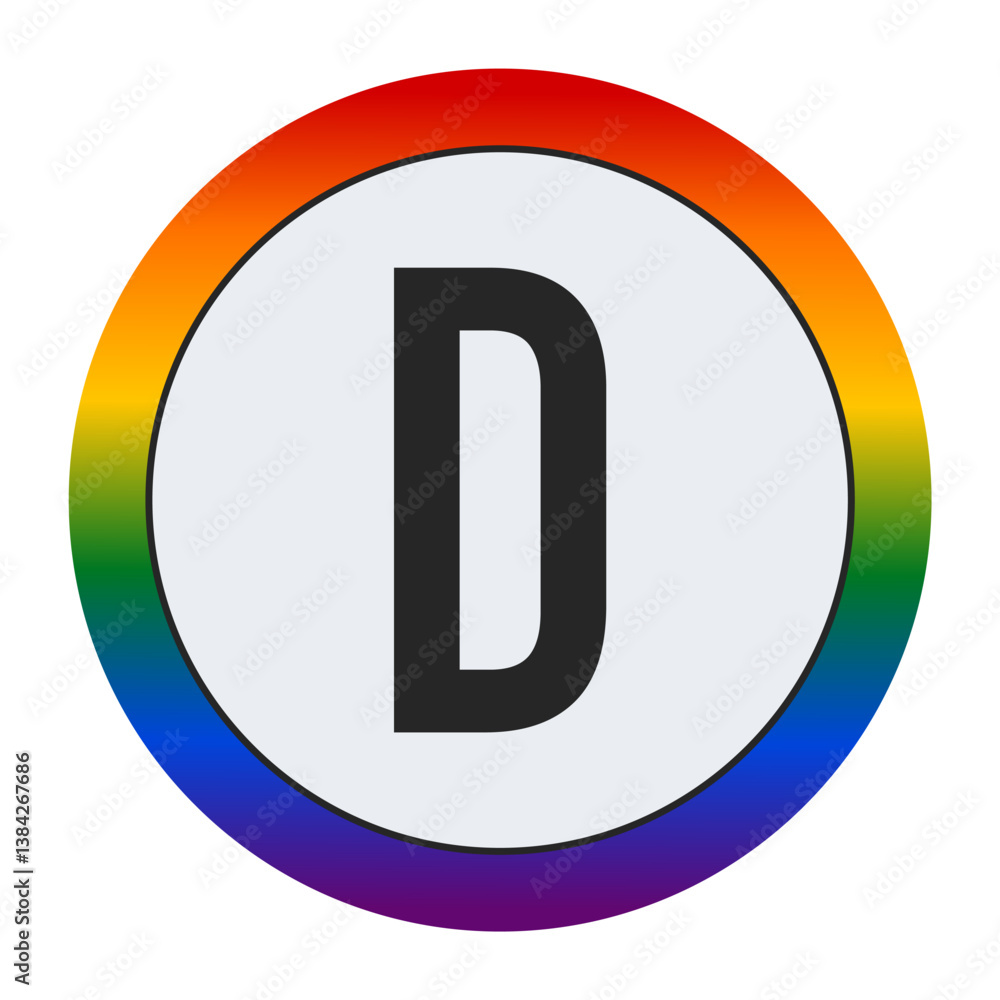 Bold Black Capital Letter D Inside a White Circle with a Vibrant Rainbow Gradient Border Representing LGBTQ Pride and Inclusivity