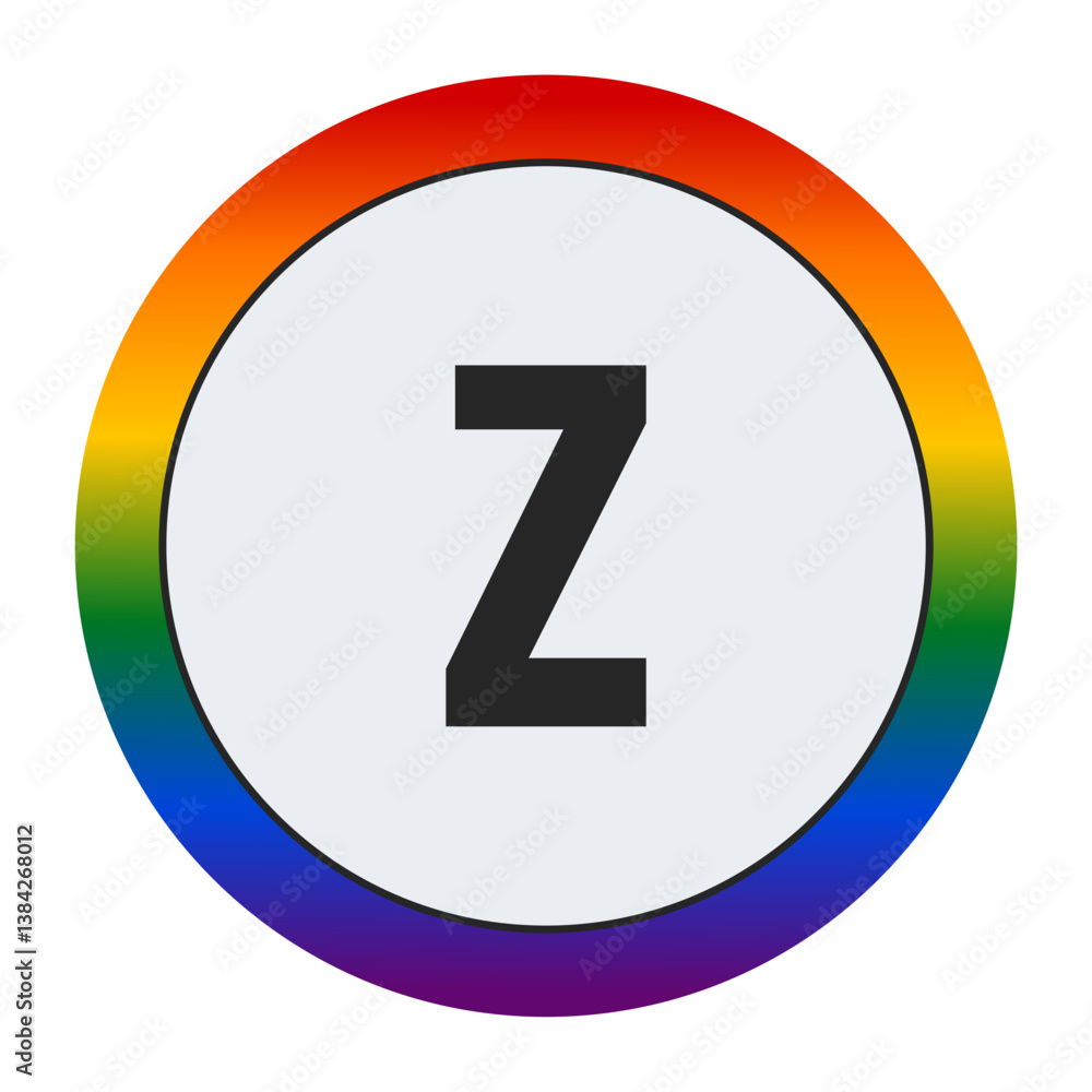 Bold Black Lowercase Letter z Inside a White Circle with a Vibrant Rainbow Gradient Border Representing LGBTQ Pride and Inclusivity Bold Black Lowercase Letter z Inside a White Circle with a Vibrant Rainbow Gradient Border Representing LGBTQ Pride and Inclusivity