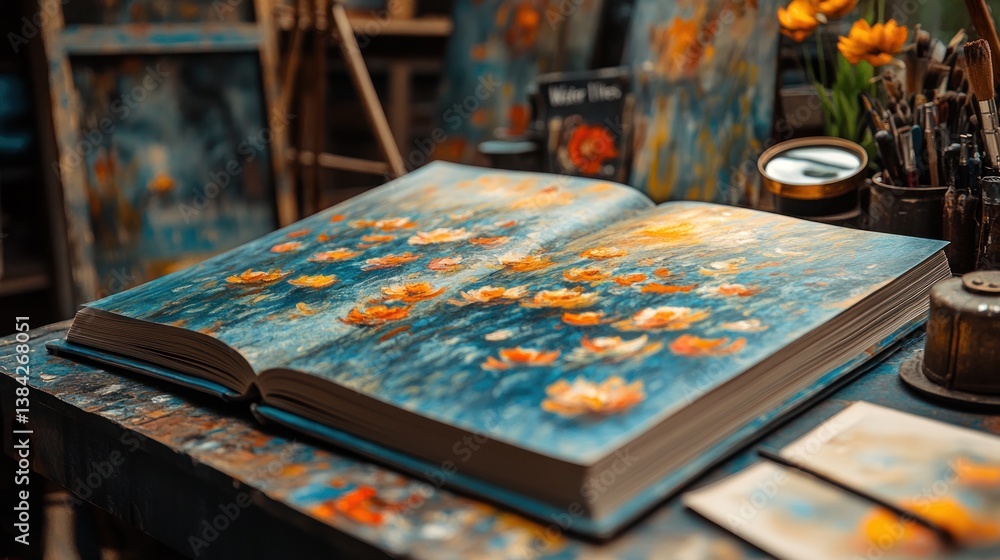 Open art book showcasing vibrant water lilies painting, set in artist's studio Open art book showcasing vibrant water lilies painting, set in artist's studio
