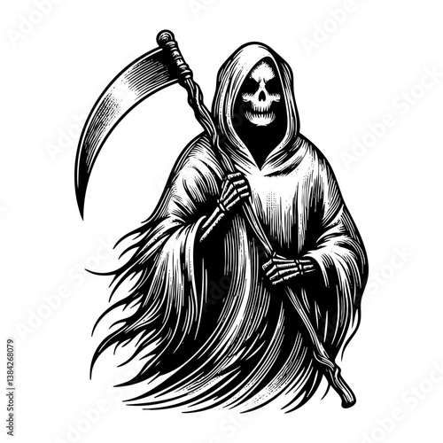 Grim reaper holding sickle sketch engraving black and white outline. Scratch board imitation.