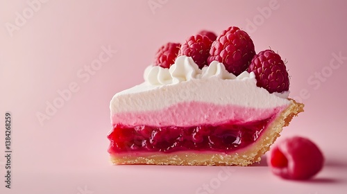 Obraz na płótnie A sweet National Raspberry Cream Pie Day background featuring a slice of raspberry cream pie, against a soft pink and white gradient, macro shot w salonie