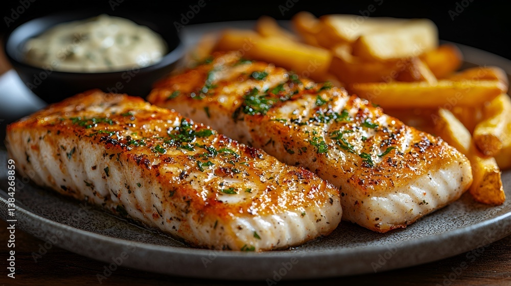 Grilled fish fillets with crispy fries and sauce. Grilled fish fillets with crispy fries and sauce.
