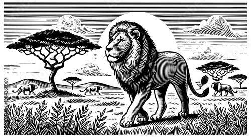 Lion on savanna sketch engraving black and white outline. Scratch board imitation.  illustrated in vintage line art style on a white background.