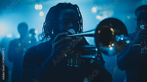 Under a blue light a musician with dreadlocks plays a shiny trumpet surrounded by others in a dimly lit performance