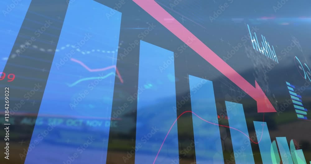 Animation of bar graph with downward arrow showing financial decline over landscape