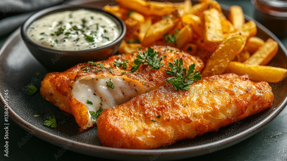 Crispy fish fillets with tartar sauce and fries. Crispy fish fillets with tartar sauce and fries.