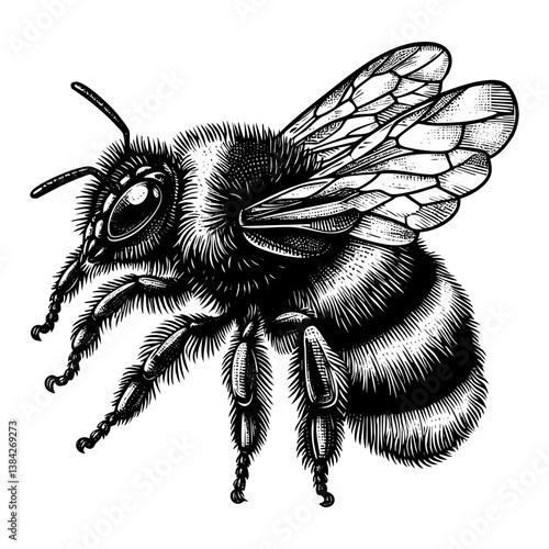 Bee engraving black and white outline. Scratch board imitation.  illustrated in vintage line art style on a white background.