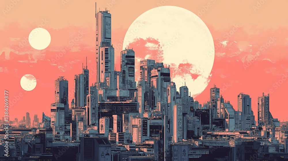Fototapeta premium Retro Future Metropolis Under Three Moons