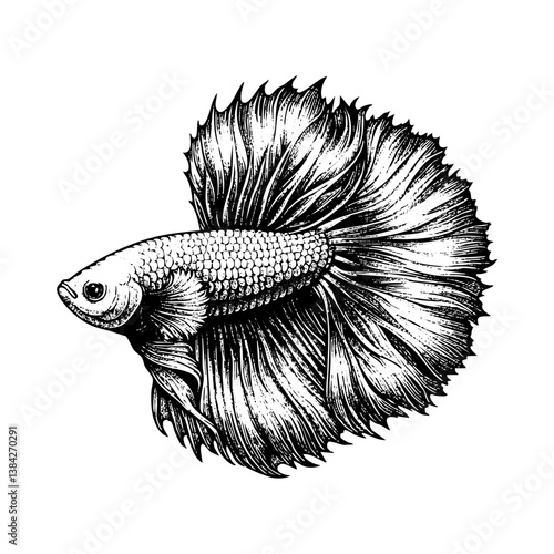 Betta fish sketch engraving black and white outline. Scratch board imitation.  illustrated in vintage line art style on a white background.