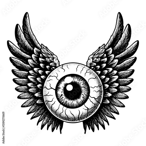 Eyeball with angel wings sketch engraving black and white outline. Scratch board imitation.