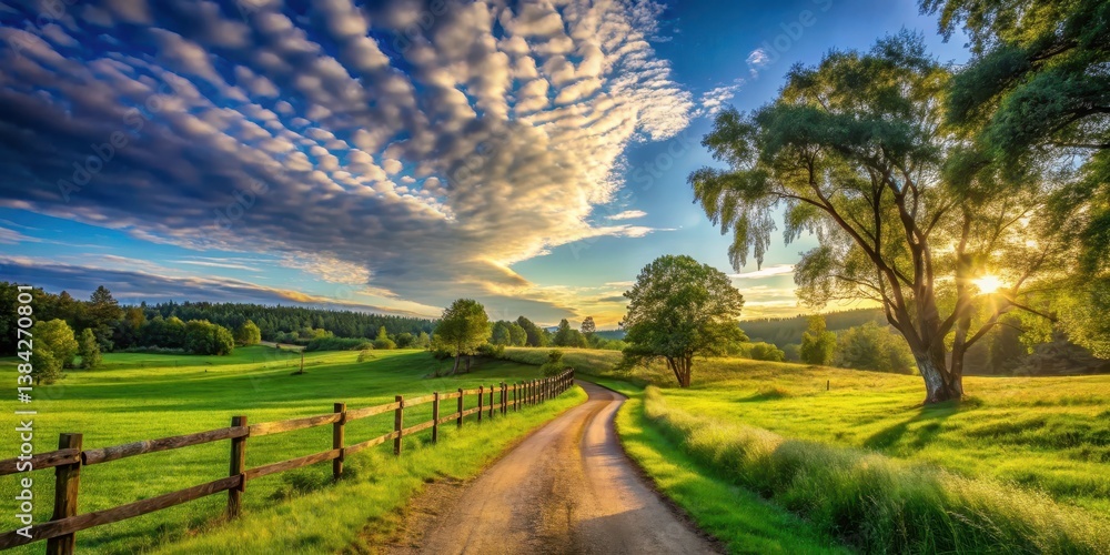 Fototapeta premium Serene Country Road at Sunset, with Lush Green Meadows, Wooden Fence, and Majestic Trees under a Dramatic Sky