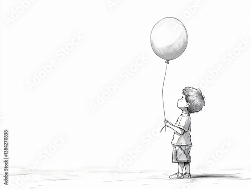 Childhood Whimsy: Black and White Cartoon Sketch of a Child with Balloon - Exploring Innocence, Imagination, and Freedom