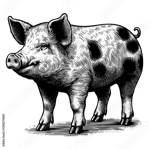 pig sketch engraving black and white outline. Scratch board imitation. Illustrated in vintage line art style on a white background.