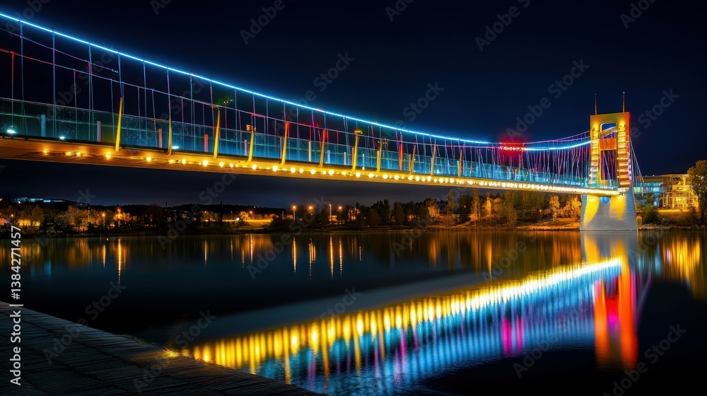 Obraz premium A brightly illuminated suspension bridge spans across the calm water at night