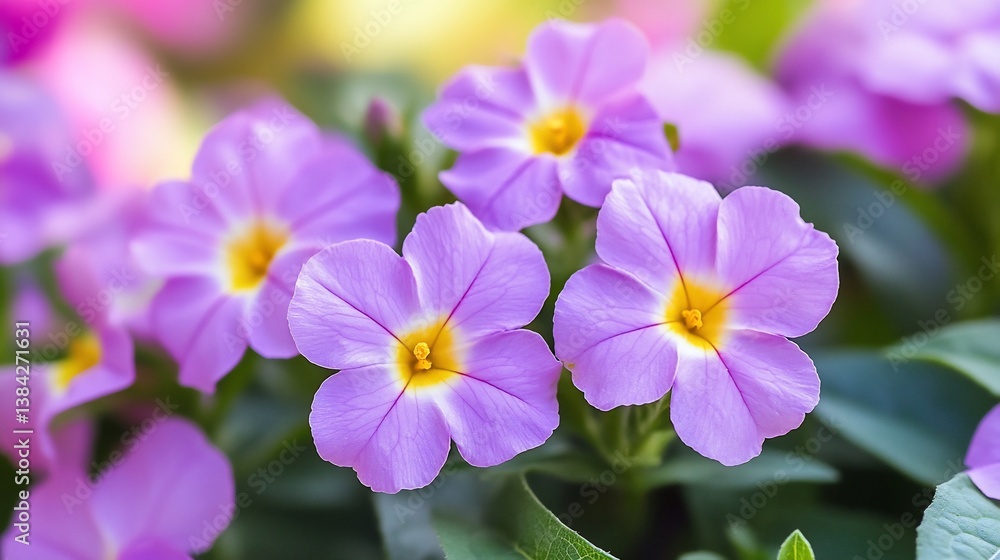 Purple primrose blooms with yellow centers, growing outdoors, blurred pastel garden Purple primrose blooms with yellow centers, growing outdoors, blurred pastel garden