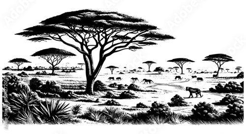African savanna field sketch engraving black and white outline. Scratch board imitation.  illustrated in vintage line art style on a white background.