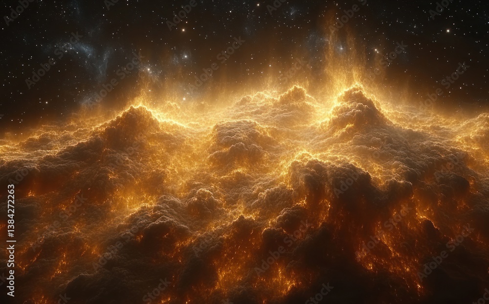 Fototapeta premium Golden Cosmic Light Nebula and Glowing Star Clusters in Deep Space