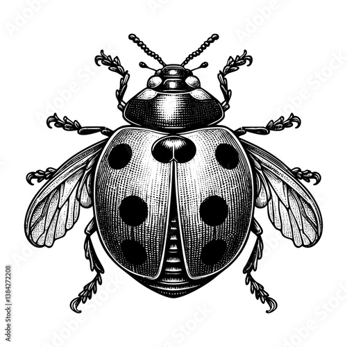 Ladybug sketch engraving black and white outline. Scratch board imitation.  illustrated in vintage line art style on a white background.