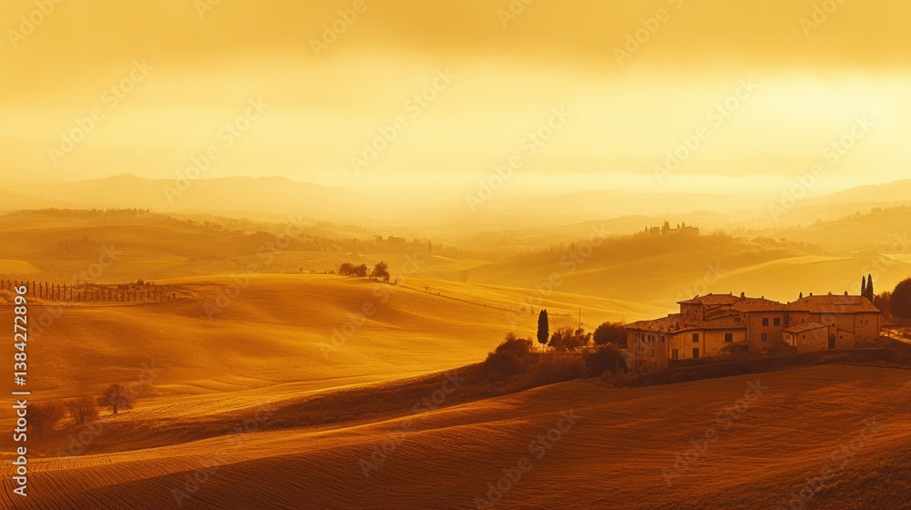 A golden sunset paints the rolling hills and rural buildings beautifully A golden sunset paints the rolling hills and rural buildings beautifully