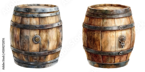 Wooden beer barrels with metal bands, showcasing rustic charm and craftsmanship, perfect for Oktoberfest celebrations