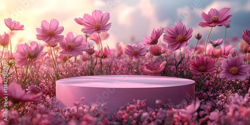 Pink Round Platform Surrounded by Blooming Flowers in Sunset Light