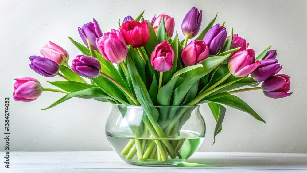 A vibrant bouquet of pink and purple tulips arranged in a clear glass vase sits on a white surface, creating a serene and elegant floral display. A vibrant bouquet of pink and purple tulips arranged in a clear glass vase sits on a white surface, creating a serene and elegant floral display.