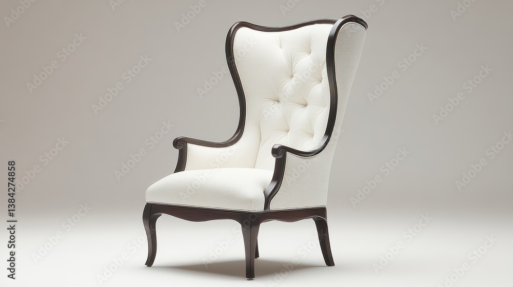 exquisite wingback armchair in textured cream fabric with elegant dark wood trim standing gracefully in a softly lit studio setting exquisite wingback armchair in textured cream fabric with elegant dark wood trim standing gracefully in a softly lit studio setting